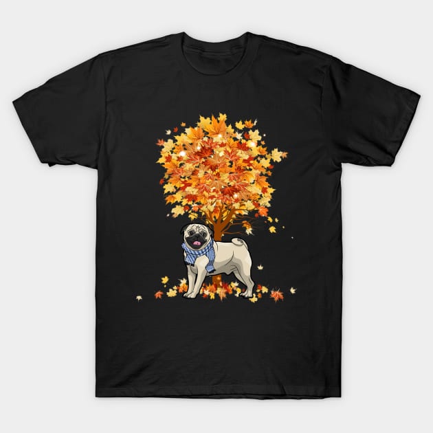 Cute Pug Dog Maple Tree Thanksgiving For Dog Lovers T-Shirt by carpenterfry